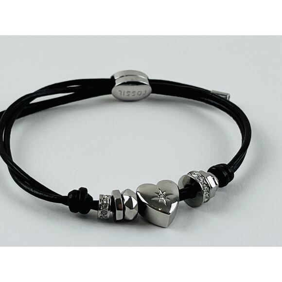 Fossil Boho Heart Silver Beads Brown Pull Cord Bracelet Adjustable Rhinestones - Picture 7 of 12